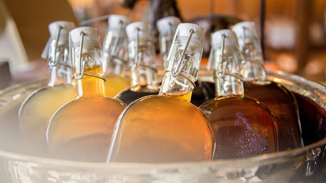 Viele Flaschen Kombucha Eiskübel Barambiente